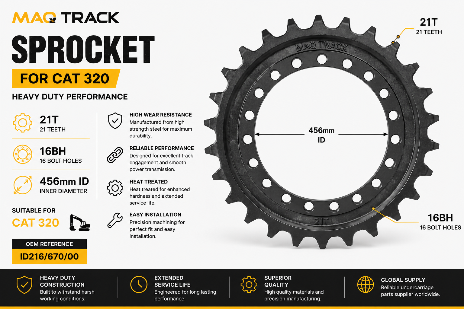 Sprocket for CAT 320 | MAQ TRACK Sprocket 21T 16BH 456mm ID for CAT 320 excavator by MAQ TRACK